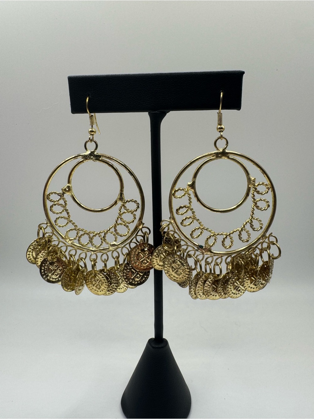 Vintage Gold Tone Coin Chandelier Hoop Earrings